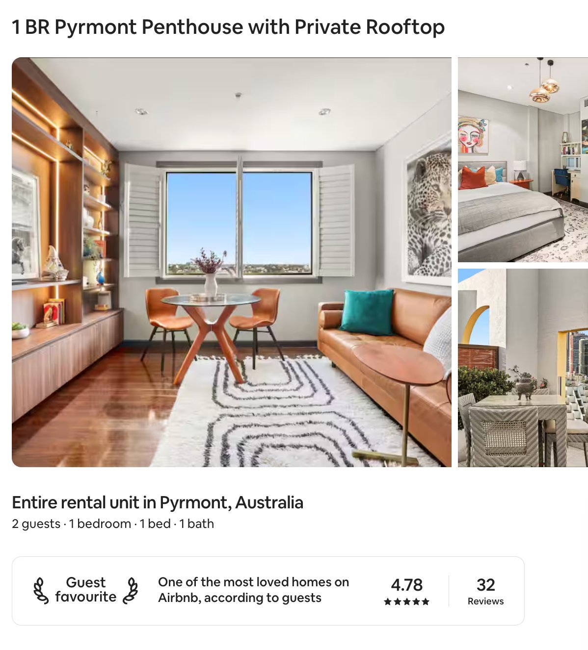 Airbnb listing for 1BR Pyrmont Penthouse showing Guest Favourite badge and 4.78 rating