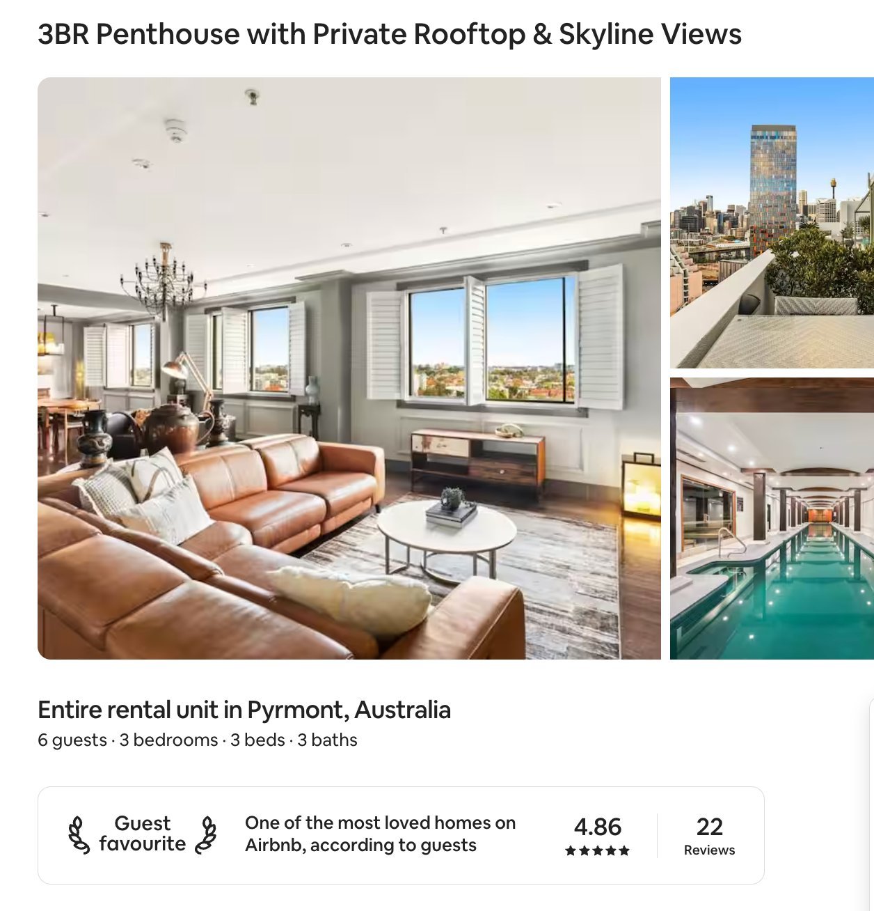 Airbnb listing for 3BR Pyrmont Penthouse showing Guest Favourite badge and 4.86 rating