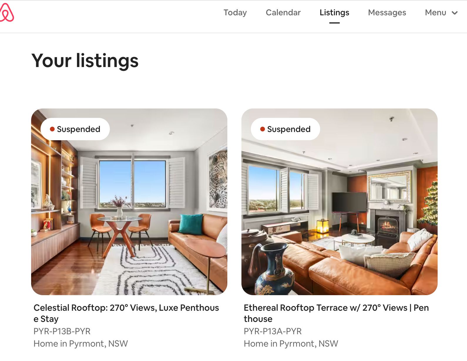 Airbnb host dashboard showing both Pyrmont penthouse listings marked as Suspended